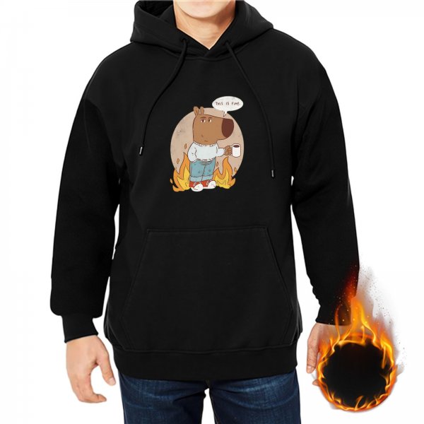 Black hoodie with cartoon dog holding coffee on fire graphic
