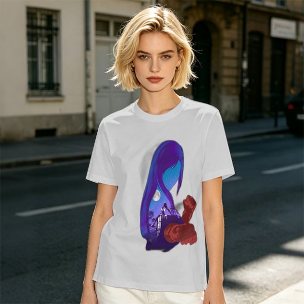 Olive T-Shirt With Purple Haired Figure Night Scene Print