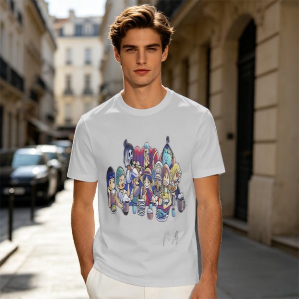 Olive T-Shirt with Anime Character Group Coffee Print