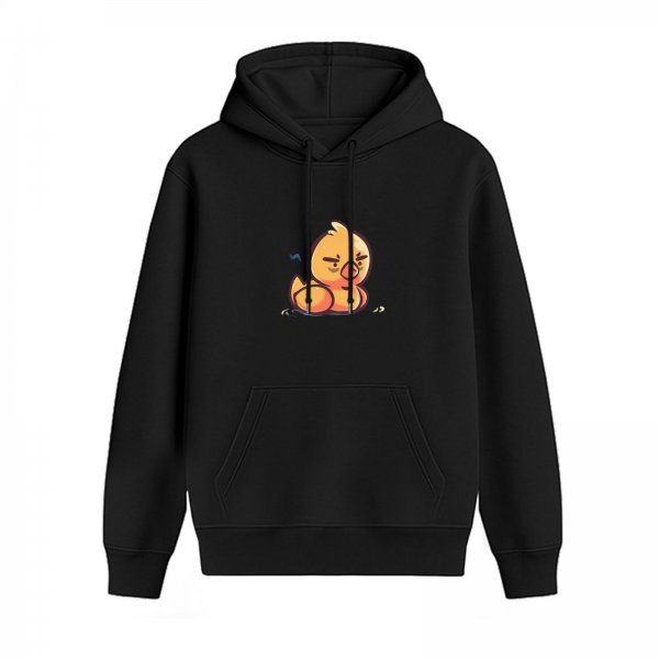 Black Hoodie With Grumpy Cartoon Duck Graphic Print