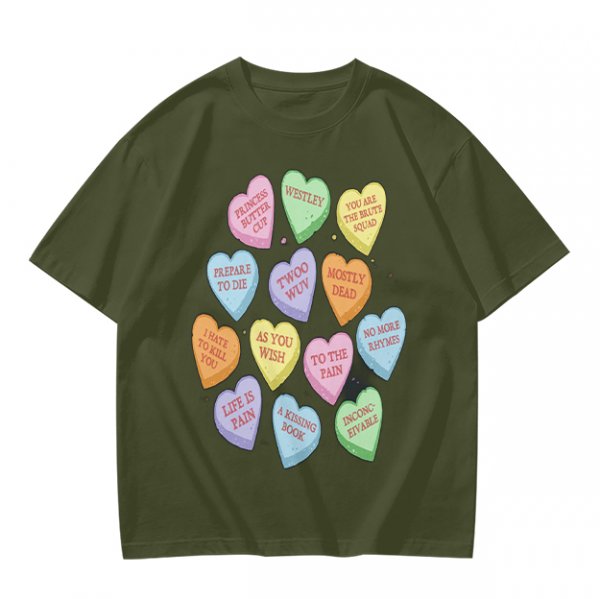Olive T-shirt with Princess Bride themed conversation heart candies