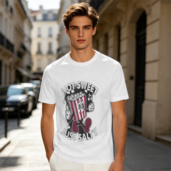 Olive T-Shirt with 'Not Sweet Just Salty' Cartoon Popcorn Print