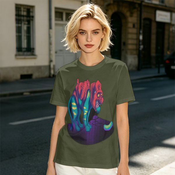 Olive T-Shirt With Vibrant Fantasy Creature Graphic Print