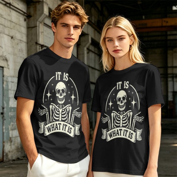 Olive t-shirt with skeleton graphic and 'It Is What It Is' text