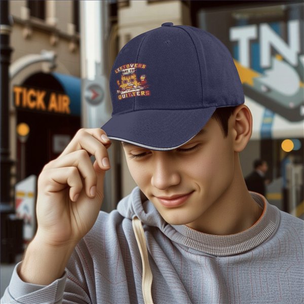 Black baseball cap with 'Leftovers Are For Quitters' cat graphic