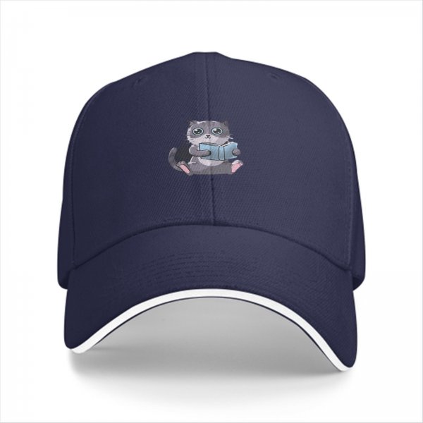 Black Baseball Cap With Cute Cat Reading Book Print