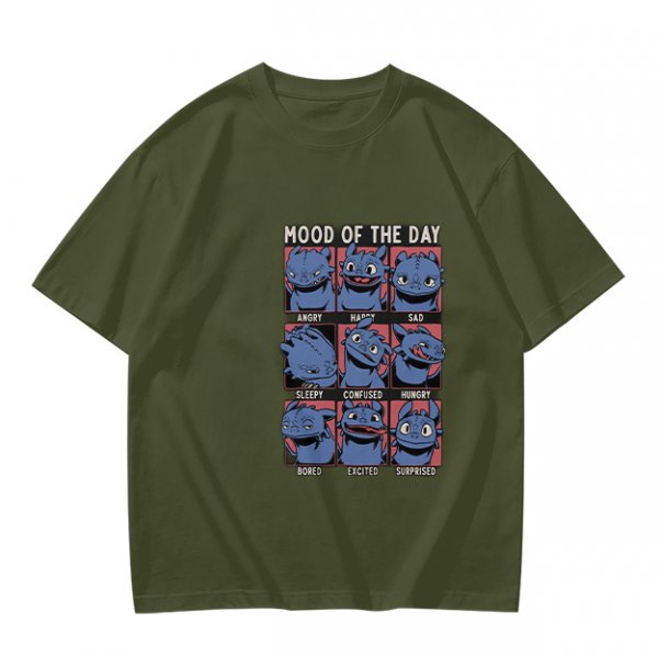 Olive T-Shirt With Mood Of The Day Blue Dragon Character Grid Print