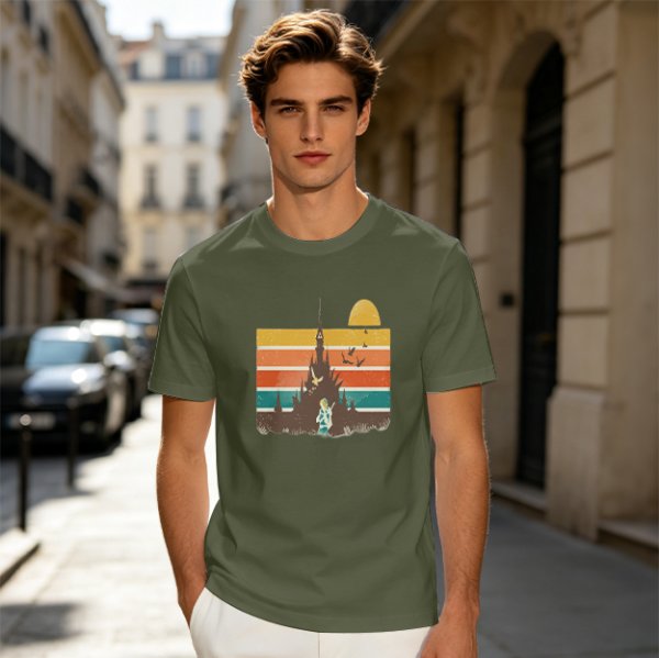 Olive T-Shirt With Retro Sunset Fantasy Castle Graphic