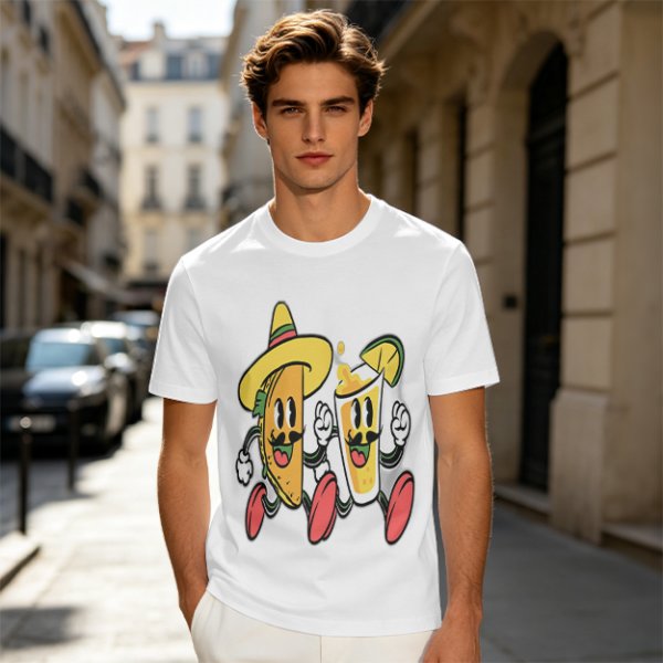 Olive T-Shirt with Cartoon Taco and Beer Graphic