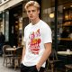 Olive green graphic tee with 'I'm here for the snacks' print