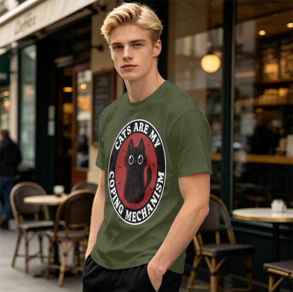 Olive t-shirt with 'Cats Are My Coping Mechanism' and black cat graphic