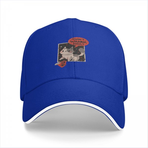 Black baseball cap with 'I don't wanna adult' cat graphic