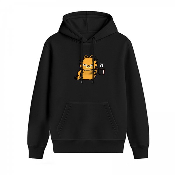 Black hoodie with grumpy orange cat holding a coffee mug