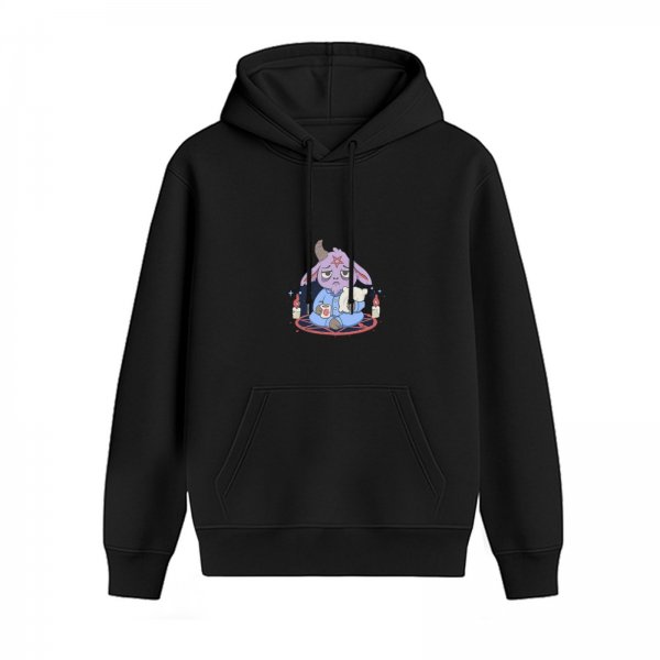 Black hoodie with a sleepy demon goat in pajamas graphic