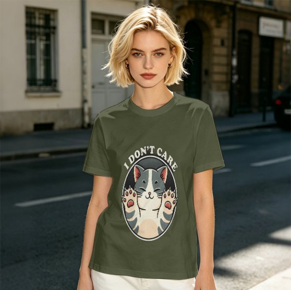 Olive T-shirt with I Don't Care Cat Graphic Print