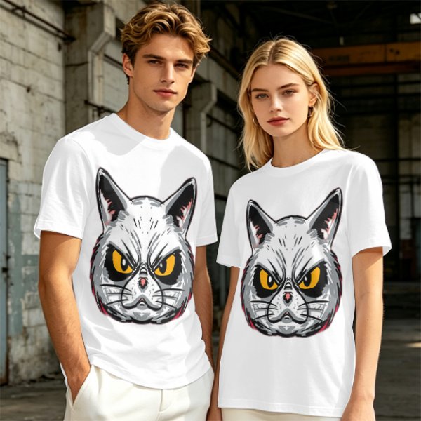 Olive T-Shirt With Angry White Cat Face Graphic