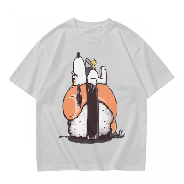 Olive t-shirt with Snoopy and Woodstock sushi print
