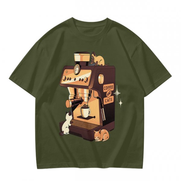 Olive t-shirt with espresso machine and cats graphic