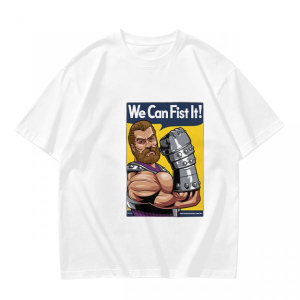 Olive graphic t-shirt with We Can Fist It! armored warrior print