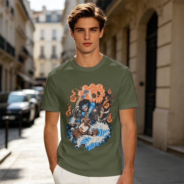 Olive T-shirt with Skeleton Musician Playing Guitar Over Ocean Waves