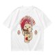 Olive green t-shirt with a cartoon cat eating instant ramen