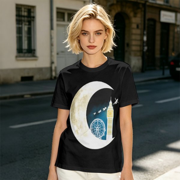 Olive T-Shirt with Crescent Moon London Skyline Flying Figures Print