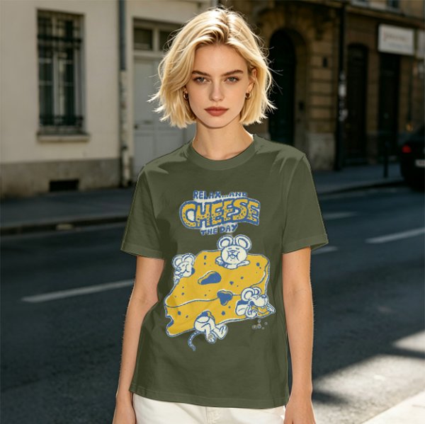 Olive graphic t-shirt with 'Relax and Cheese the Day' and mice on cheese