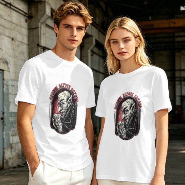 Olive T-Shirt with Vampire Coffee Before Coffin Graphic Print