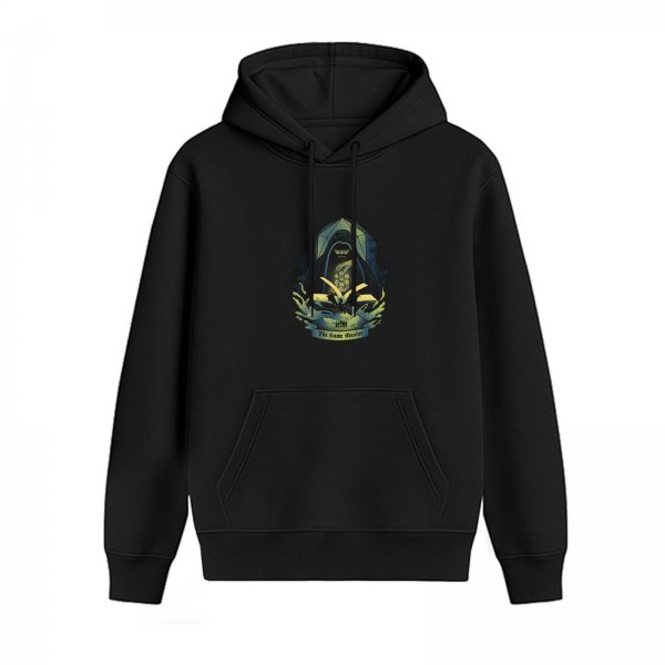 Black Hoodie With Dark Fantasy Hooded Figure Graphic Print