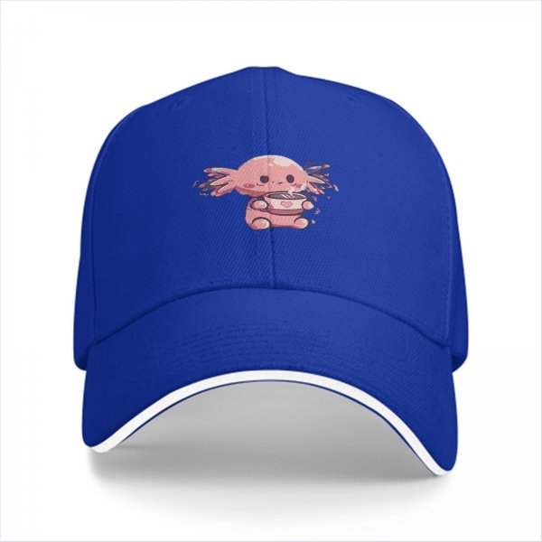 Black baseball cap with cute axolotl holding a heart mug design
