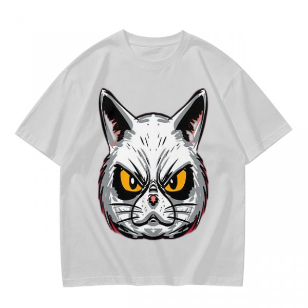 Olive T-Shirt With Angry White Cat Face Graphic