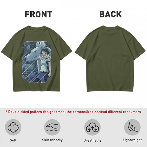 Olive T-Shirt Featuring Princess Mononoke Wolf Artwork