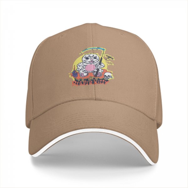 Black baseball cap with Reaper Kitty grim reaper cat graphic print