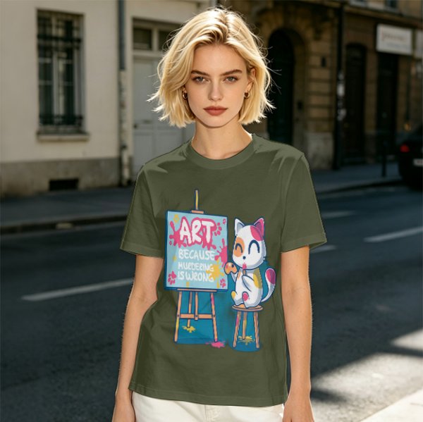 Olive T-Shirt With Cute Artist Cat Art Because Murder Is Wrong Print