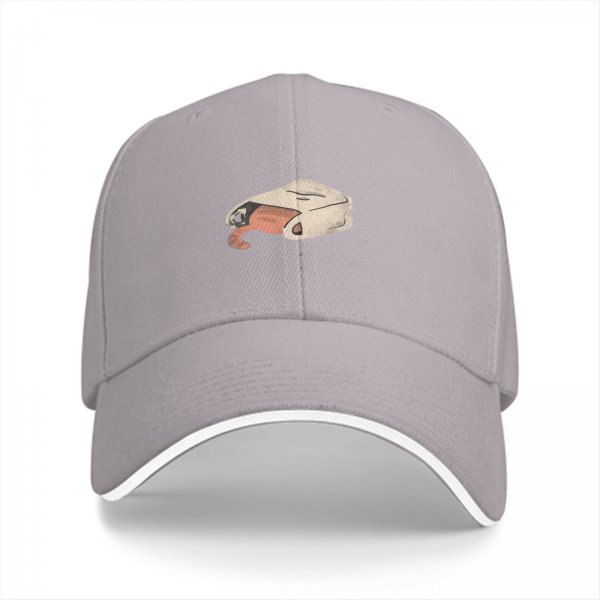Black baseball cap with a cat peeking out of a blanket graphic