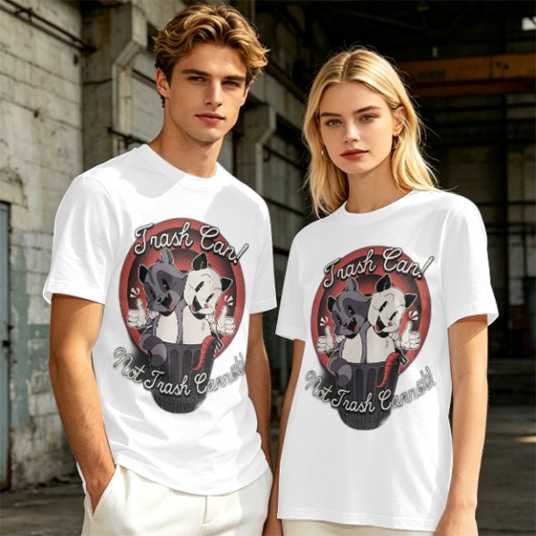Olive t-shirt with retro cartoon raccoon and dog trash can print