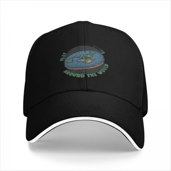 Black baseball cap with flat earth 'around the world' graphic print