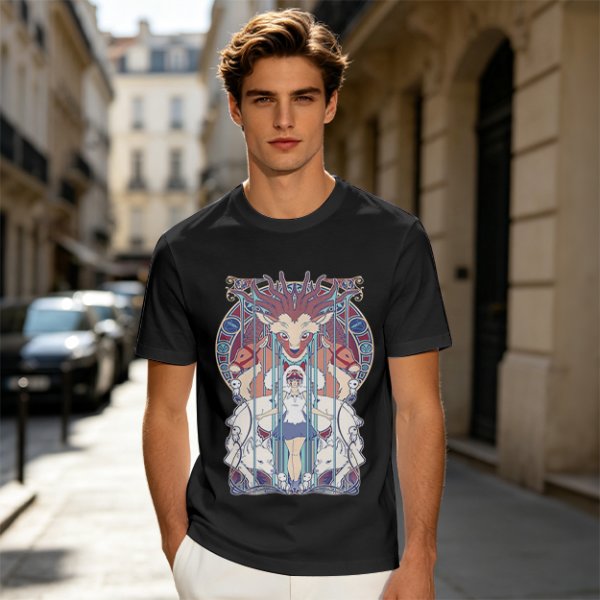 Olive green t-shirt with stained glass style forest spirit anime artwork