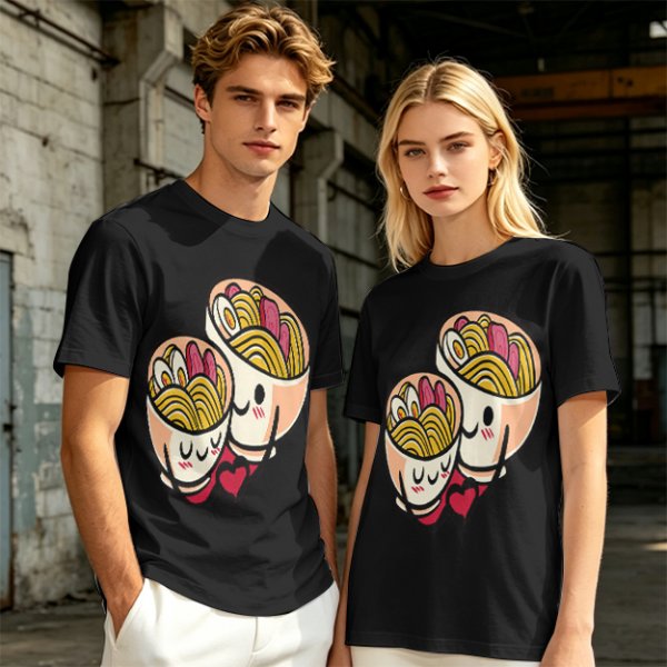 Olive T-Shirt With Cute Hugging Ramen Bowl Couple Print