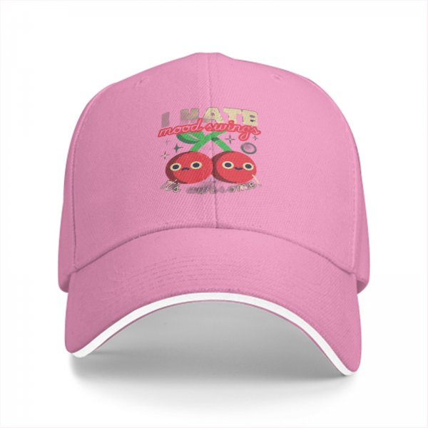 Black baseball cap with funny mood swing cherry graphic print