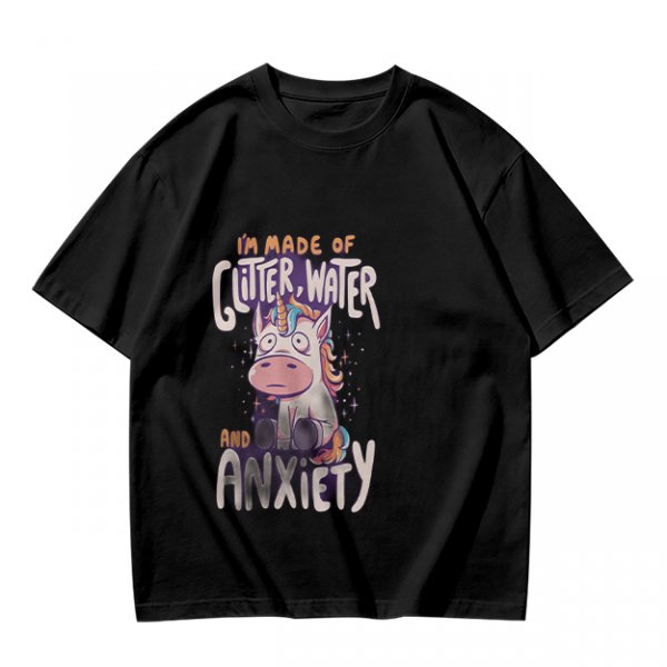 Olive t-shirt with anxious unicorn glitter water and anxiety print