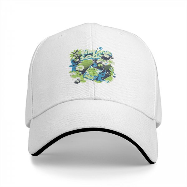Black baseball cap with tiny drinks soda and alien graphic print