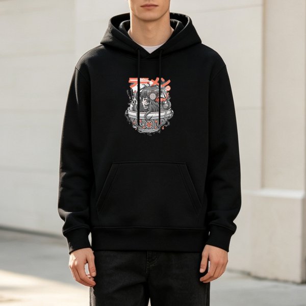 Black Hoodie with Japanese Ramen Themed Anime Graphic Print