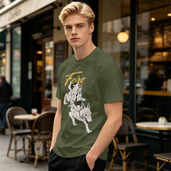 Olive graphic t-shirt with wolf rider and 'Fore' text print