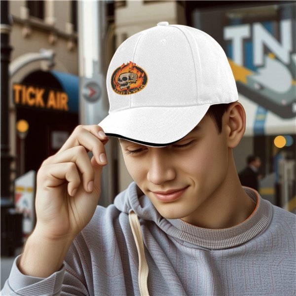 Black baseball cap with roast in peace skull and fire graphic