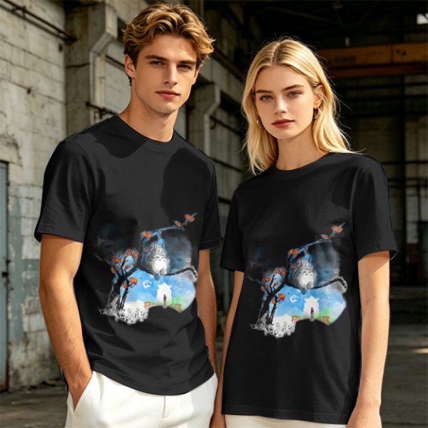 Olive green t-shirt with Totoro tree branch watercolor print