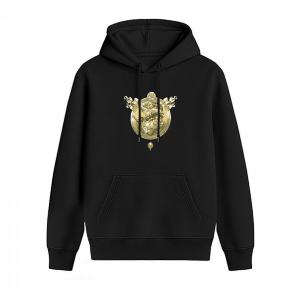 Black Hoodie With Gold Ornate Emblem Graphic Print