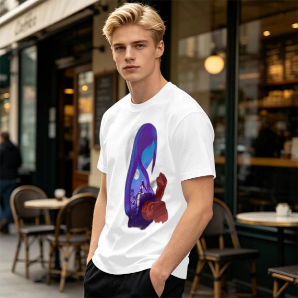 Olive T-Shirt With Purple Haired Figure Night Scene Print