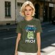 Olive t-shirt with 'I think I think too much' anxious frog print
