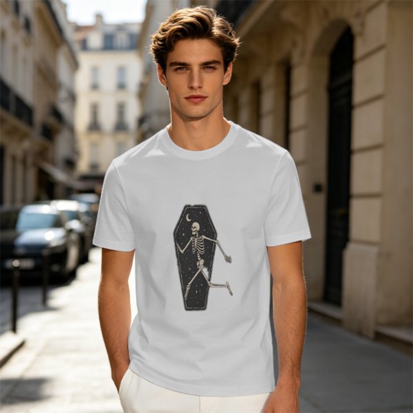 Olive t-shirt with skeleton running from starry coffin graphic